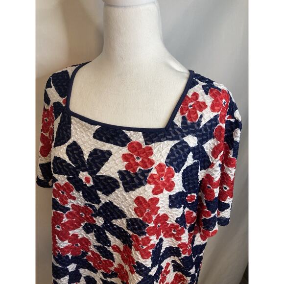 Womens Alfred Dunner Blue/Red/White Floral Short Sleeve Top XL Lined Square Neck - Picture 5 of 8